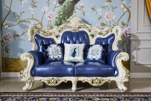 रॉयल नई मॉडल कमरे में रहने वाले सेट बड़ा ठोस लकड़ी के फ्रेम नक्काशीदार नीले शुद्ध चमड़े के सोफे - Product Image 4