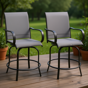 Ensemble de 2 tabourets de bar d'extérieur, structure en métal gris, siège en tissu, pivotant à 360°, meubles de bar de patio, design contemporain - Product Image 2