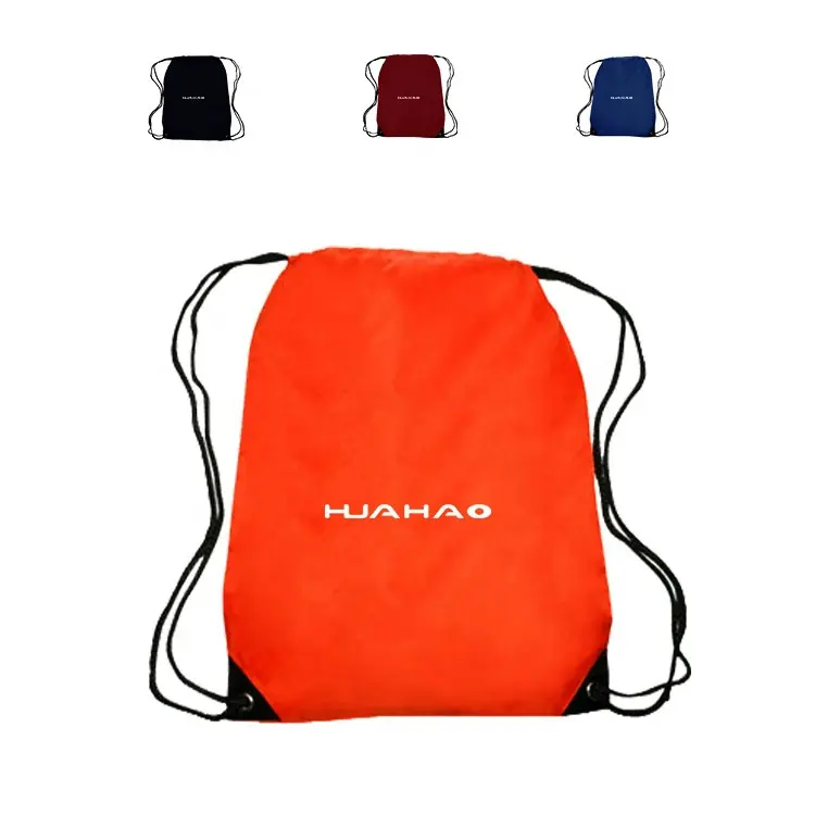 Huahao logotipo personalizado impreso entrenamiento gimnasio saco poliéster impermeable nailon bolsa con cordón con logotipo