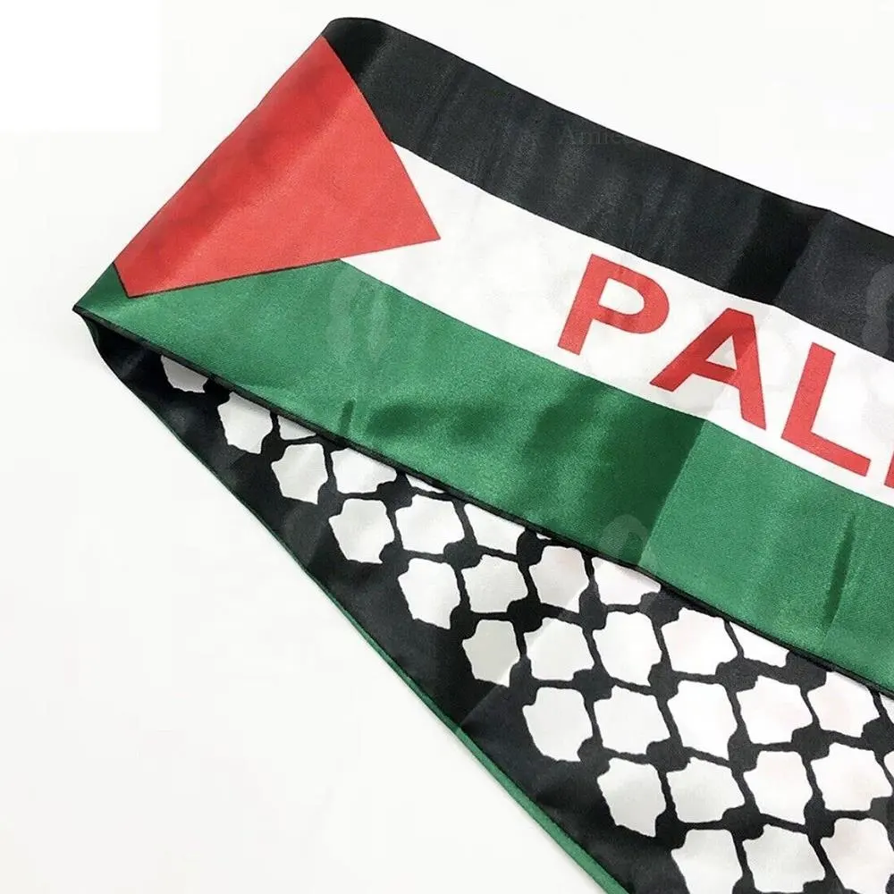 ราคาถูก 14x135 ซม.Palestinian สวดมนต์ชาติพันธุ์ผ้าพันคอผ้าคลุมไหล่,โลโก้ที่กําหนดเองผ้าไหมผ้าพันคอซาติน,ผลิตภัณฑ์ธงแฟนฟุตบอลปาเลสไตน์ผ้าพันคอ