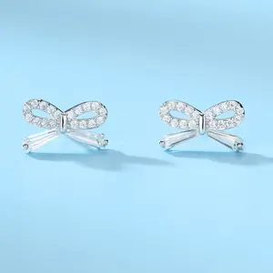 Koreaanse Leuke 925 Puur Zilveren Sieraden Strik Dame Strik Stud Oorbellen Met Cz Baguette Steen Vrouwen Gift Joias De prata