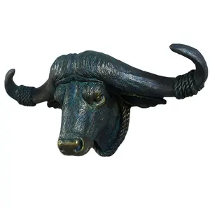 Sculpture <span class=keywords><strong>de</strong></span> Tête <span class=keywords><strong>de</strong></span> <span class=keywords><strong>Taureau</strong></span> en Résine Bronze Antique pour Décoration Murale Suspendue - Product Image 1