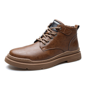 Bottes Martin pour hommes, hauteur cheville, bout rond, talon plat, doublure en peluche, semelle extérieure en caoutchouc, style mi-mollet isolant - Product Image 5