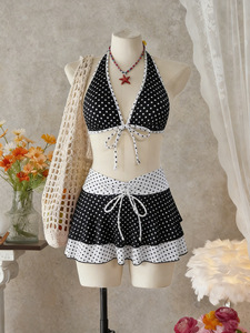 Ensembles Tankini 3 Pièces à Pois pour Femmes, Maillot de Bain Dos Nu Halter Superposé à Volants, Vente en Gros, Maillot de Bain Personnalisé avec Logo - Product Image 3