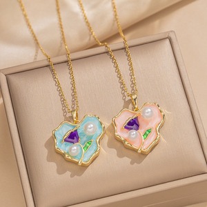 Collier en acier inoxydable d'<span class=keywords><strong>amitié</strong></span> rose bleu irrégulier avec cœur en émail et perles incrustées <span class=keywords><strong>de</strong></span> tulipes pour femmes et filles - Product Image 4