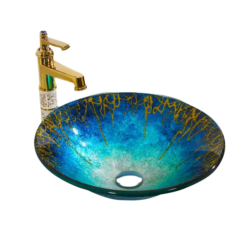 Lavabo cUPC Blue Golden Foil Glass lavabo S226 in vetro temperato