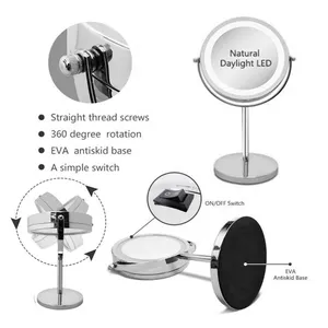 Suporte de mesa de ampliação 5X luxuoso e moderno, espelho de maquiagem com moldura de metal, espelho portátil com luzes, LED de beleza