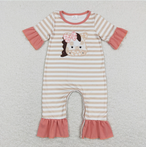 Ensemble de vêtements pour bébés garçons et filles, broderie chevaux et rayures, haut et short, tenue de ferme, barboteuses - Product Image 4