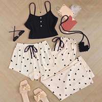 Ensemble pyjama trois pièces en tricot doux et extensible pour femme IStapromo Gifts, imprimé cœur, taille élastique, longueur genou, été