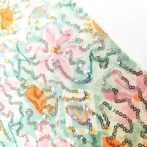 Produk baru kustom glitter melar perak payet hologram lembut motif bunga mesh kain bordir