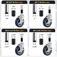 Roulettes de table de préparation de 5 pouces avec tige extensible pour pieds de table, chariot et meubles en acier de 7/8 ", 1 ", 1-1/2 " et 1-5/8 "