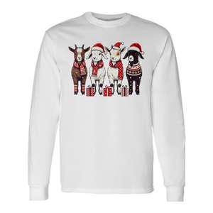 Camiseta de manga larga con estampado de cabra navideña retro, gorro de Papá Noel, mamá campestre, animales de granja, Navidad - Product Image 1