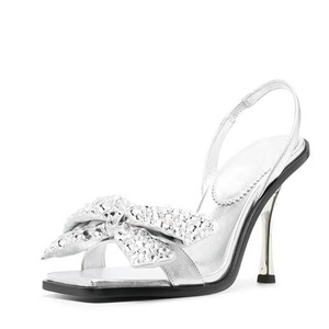 Sandales à talons hauts pour femme avec nœud et strass argentés, talon fin, plateforme, pour l'été - Product Image 1