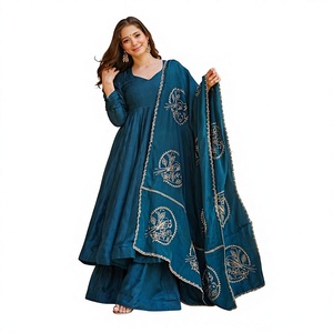 Blue Embroidered Anarkali <b>Dress</b> Palazzo Suit V Neck <b>Long</b> Sleeve Casual <b>Dress</b> <b>for</b> <b>Party</b> Wedding - Product Image 1