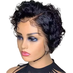 Perruque Lace Frontal Closure wig brésilienne naturelle, <span class=keywords><strong>cheveux</strong></span> humains vierges, coupe Pixie courte, bouclée, bon marché, perruques pour femmes noires - Product Image 1
