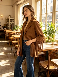 SWEET BABE Abrigo Casual para Mujer con Cuello Solapa, Dobladillo con Flecos, Ajuste Holgado, Manga Larga, Decoración de Borlas, Estilo Urbano, Color Marrón - Product Image 2