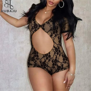 <span class=keywords><strong>Tuta</strong></span> Aderente Sexy in <span class=keywords><strong>Pizzo</strong></span> Trasparente da Donna con Maniche Corte e Dettagli Traforati - Product Image 1