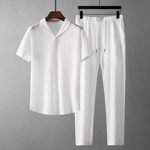 <span class=keywords><strong>Ensemble</strong></span> deux pièces <span class=keywords><strong>plissé</strong></span> tendance printemps pour <span class=keywords><strong>homme</strong></span>, t-shirt à manches courtes en fibre de bambou 100% style chinois, col en V, blanc décontracté - Product Image 6