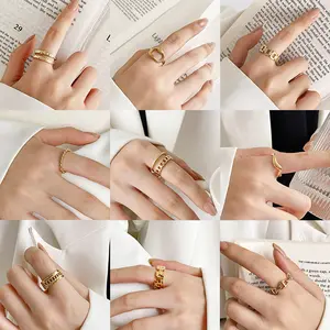 แหวนผู้หญิงธรรมดา Suppliers-แหวนไทเทเนียมชุบทองแท้14K เรียบง่ายผู้หญิงเปิดแหวนสแตนเลสทรงเรขาคณิตปรับได้