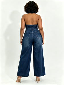Combinaison en <span class=keywords><strong>jean</strong></span> à jambes larges pour femme, col licou, dos nu sexy, boutonnée, style salopette, tendance, avec revers, tenue en <span class=keywords><strong>jean</strong></span> une pièce - Product Image 6