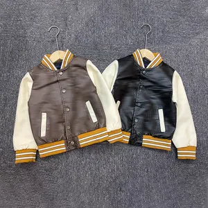 Estilo popular Ropa para niños Botón Fly Niños Abrigos Venta al por mayor Manga larga PU Material niños Chaquetas niños