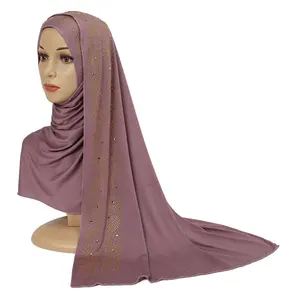 Jilbab berlian imitasi polos Jersey syal Islam jilbab kristal Hijab syal dan membungkus wanita Muslim Foulard