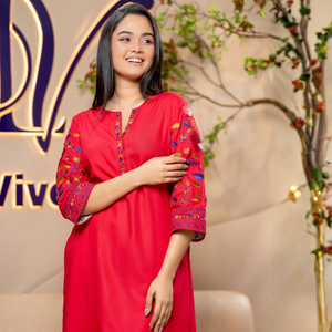 Conjunto de Kurta y Pantalones de Rayón Rojo de Lujo Elegante para Mujer, Venta al Por Mayor - Product Image 6