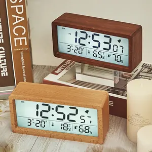 Despertador electrónico de madera para mesa, reloj Digital LED con retroiluminación, temperatura y humedad, fecha de repetición, 12/24 horas