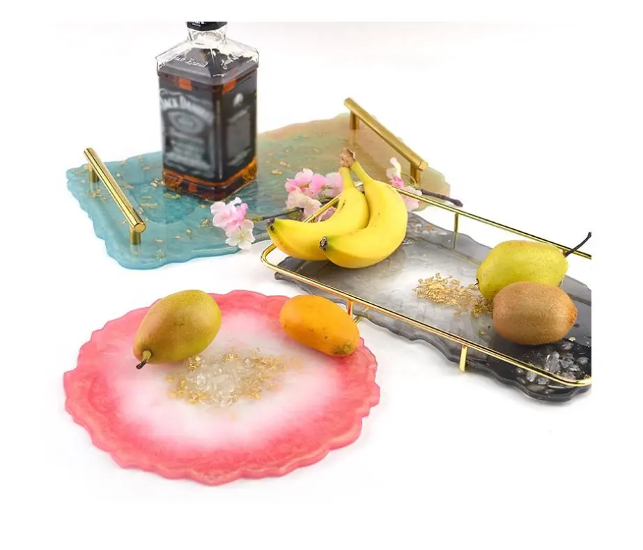 Large irregular fruit tray service board, hotel family rolling tray, epoxy resin metal handle silicone mold