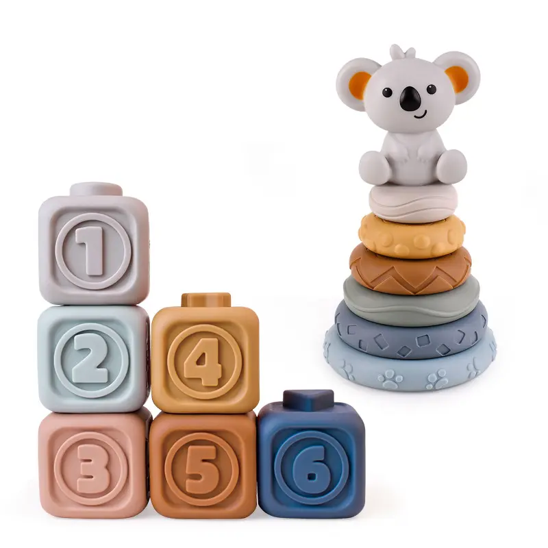 Vente en gros Jouet pour enfants Jouet d'apprentissage pour tout-petits Jouet empilable en silicone Anneaux à empiler arc-en-ciel Ensembles de blocs de jeu de tour