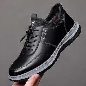 Wholesale <strong>Black</strong> PU <strong>Leather</strong> Upper Slip Resistant Comfort Height Increasing Men's Sneakers Outdoor Walking <strong>Shoes</strong> - Product Image 2