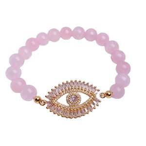 Braccialetto Elastico in Quarzo Rosa con Occhio del Diavolo, Charm Occhio del Diavolo in CZ, Braccialetti di Cristallo Curativo in Quarzo Rosa - Product Image 1