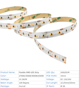 Bande lumineuse LED flexible monocouleur 10 mm DC12V/24V, haute densité 240 LED/m, SMD2216, non étanche, PARFAITE - Product Image 2