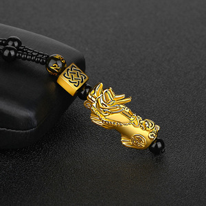 Kalung Feng Shui Cina berlapis emas 24K, rantai manik-manik batu Obsidian hitam, Kalung liontin Pixiu keberuntungan - Product Image 5