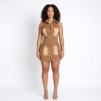 Robe Courte en Jean pour Femme, Style Western, Lavage Sand Wash, Sans Manches, Boutonnée, avec Poches 3D