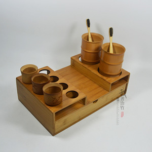 Bamboo Bathroom Organizer Set With Drawer Toothbrush Holder Cups Eco Friendly Rectangular Freestanding 18 In Width - Product Image 4