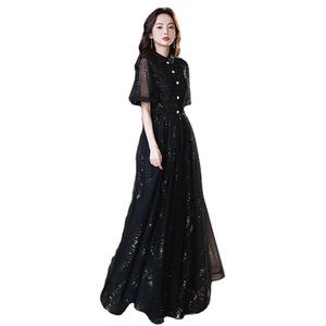 Black Evening Gown Women A-Line Chiffon Stand Neck Long Sleeve Elegant Formal Dress For Arts Exam Vocal Music Student Host - Product Image 5