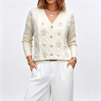 Kardigan Rajut Kabel Berlian V-Neck dengan Hiasan Bunga Rhinestone dan Pom Pom, Atasan Sweater Polos Lengan Panjang Gaya Korea untuk Wanita