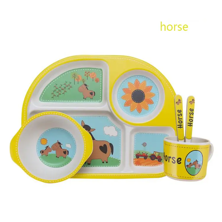 Bestseller 5pcs Cute Animal Design Kinder geschirr Set Bambus faser Kid Geschirr Teller Set