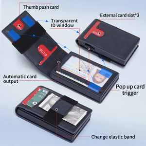 ที่ใส่บัตรโลหะอะลูมิเนียมแบบใหม่ พร้อมคลิปหนีบเงิน สายยางยืด ป้องกัน RFID  กระเป๋าใส่บัตรหนังแท้แบบป๊อปอัพสำหรับผู้ชาย - Product Image 2