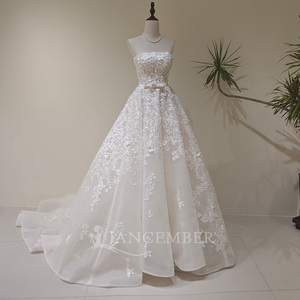 LY139 Modern Ball Gown Long Sleeveless Boat Neck Lace Crystal Appliques <b>Wedding</b> Bridal <b>Dress</b> with <b>Belt</b> - Product Image 2