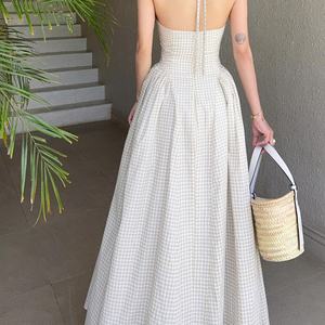 Nuevo Vestido Casual de Mujer a la Moda, de Algodón y Lino a Cuadros, Espalda Descubierta, Estampado de Guingán Blanco, con Cuello Halter y Cordones, Vestido Blanco de Verano - Product Image 2