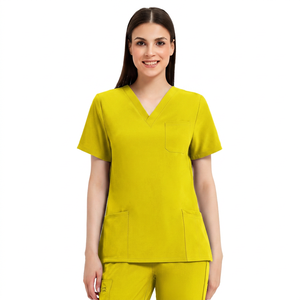 Haut de blouse médicale pour femme, col en V, noir, coton et polyester, tissé, uniforme d'hôpital, avec poches - Product Image 3