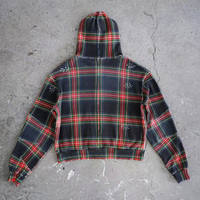 Sweat à capuche court carré en tricot gaufré antique, surdimensionné, à épaules tombantes, avec fermeture éclair, en flanelle à carreaux, fait main, pour homme