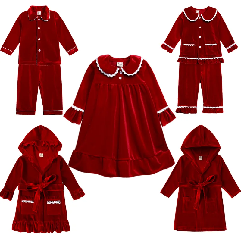 Christmas Red Winter Velvet Boys And Girls Pajamas Set wholesale two piece button up Kids pajama sets