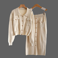 Ensemble 2 pièces pour femmes, haute couture, couleur unie, manches longues, tricot côtelé en laine/cachemire, pull décontracté d'hiver, bouton, nouveau, automne
