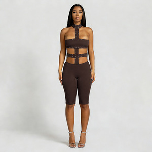 G02094CV <span class=keywords><strong>Tuta</strong></span> Aderente Sexy con Perline e Patchwork, Jumpsuit da <span class=keywords><strong>Donna</strong></span> con Collo all'Americana, Senza Maniche, Schiena Scoperta, Romper Femminile Streetwear - Product Image 3