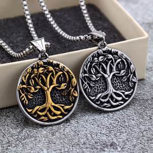 Collier avec pendentif arbre de vie en acier inoxydable, bijoux unisexes avec breloque ronde, cadeau - Product Image 1