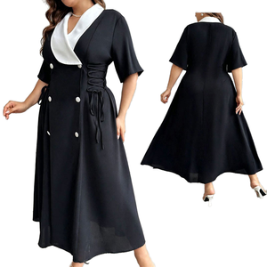 XL-4XL Summer French <b>Vintage</b> <b>Style</b> Elegant Plus Size Women's Solid <b>Tea</b>-Length A-Line <b>Dress</b> Black White V-neck Tie Waist Slimming - Product Image 1