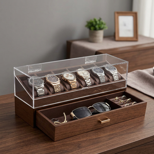 Wooden <b>Watch</b> Box With Drawer Faux Leather Lining Dustproof Display <b>Case</b> Rectangle Shape Snap Closure - Product Image 4